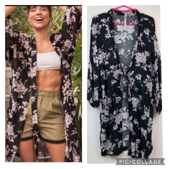 Spiritual Gangster Maya kimono black tropical tie front duster robe fits Sm-Lg - Picture 1 of 11